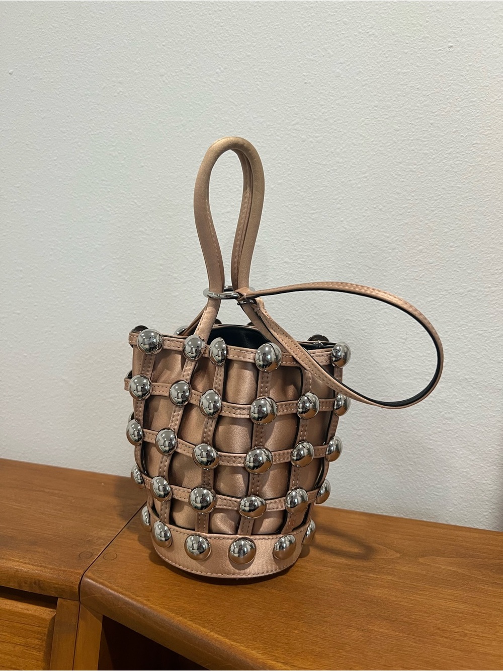 Alexander Wang Metallic Beige Studded Wristlet Bucket Bag